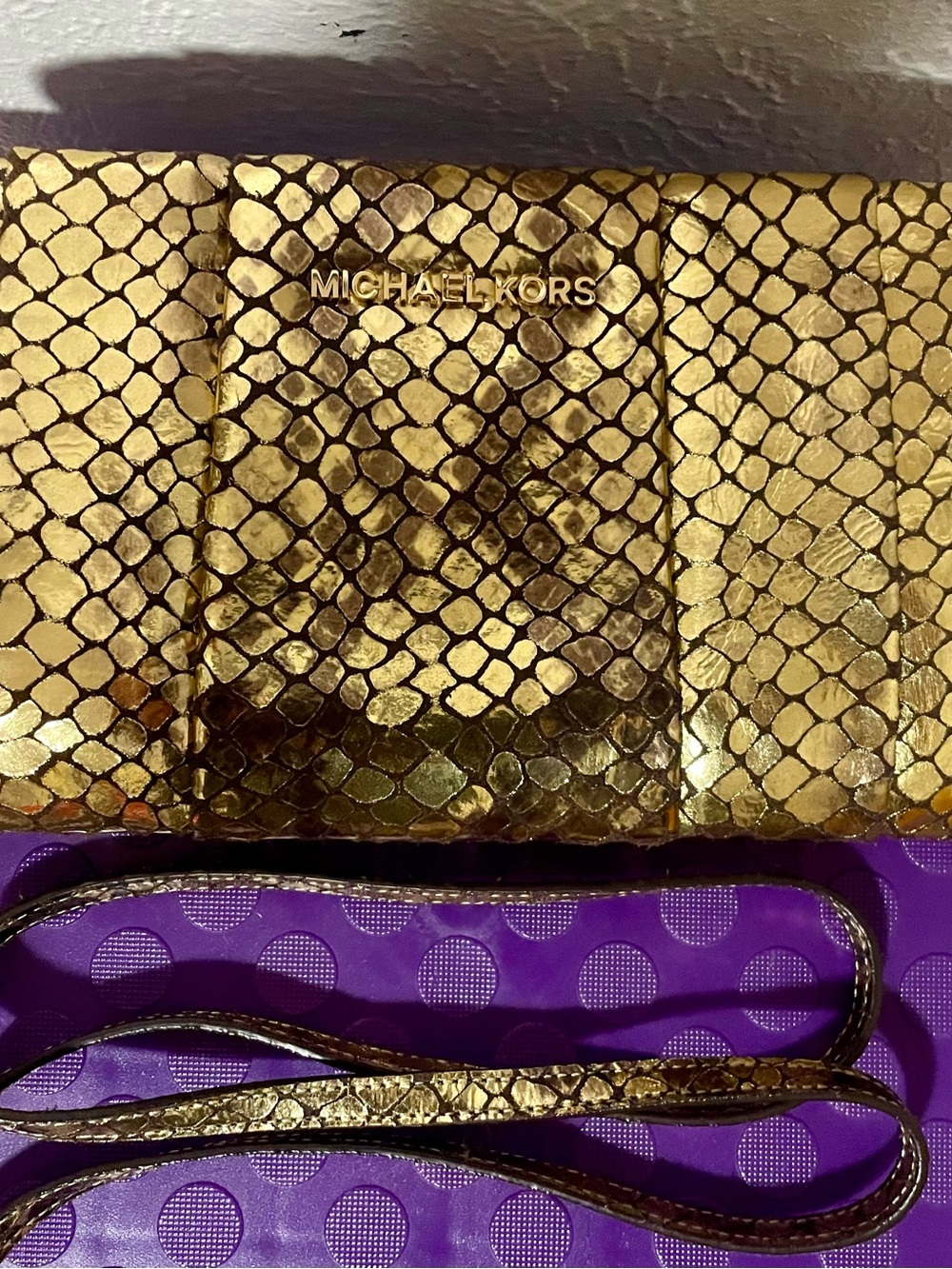 Michael Kors Metallic Gold Snake-Embossed Wristlet Clutch